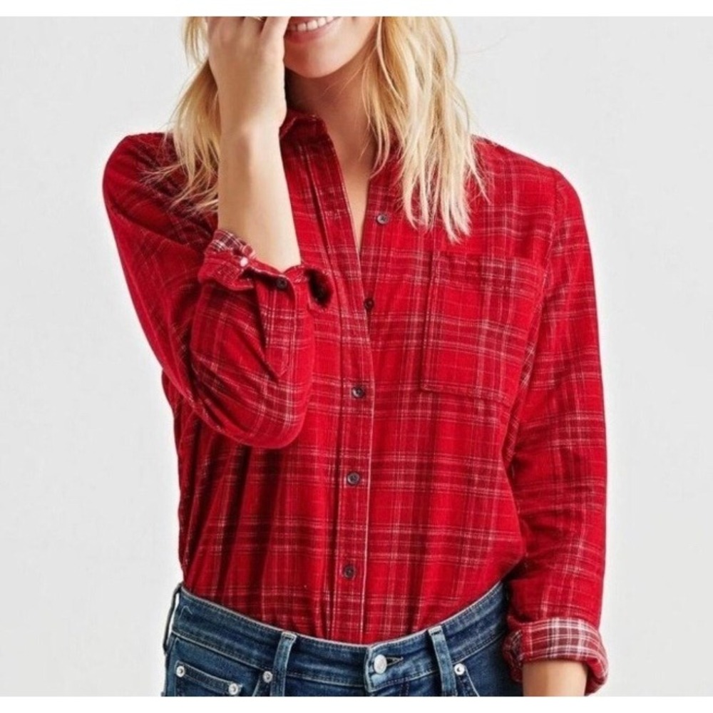 Lucky Brand Cottagecore Red Plaid Corduroy Button Down Shirt SZ XL Sleeve Pocket